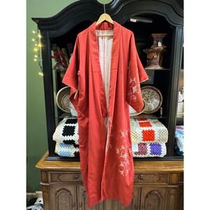 Vintage 1950s mid-century Red Silk Kimono Robe Floral Embroidery Japanese